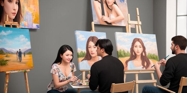 Portrait of happy young adult asian woman and man painting brush on canvas at workshop art lesson class. People leisure with creativity education lifestyle for mental health concept. Generative AI