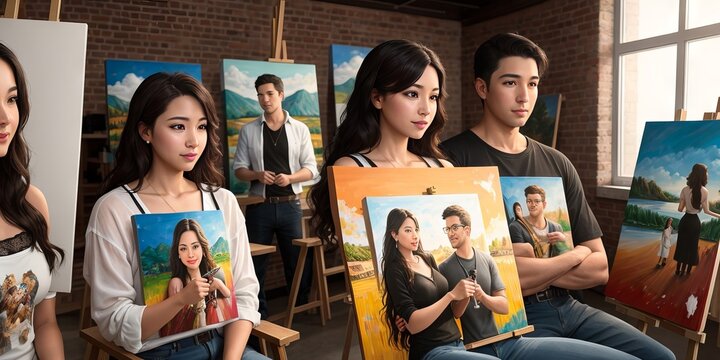 Beautiful young asian woman and a handsome man attending a painting workshop together and having fun. Generative AI