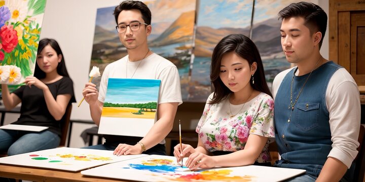 Beautiful young asian woman and a handsome man attending a painting workshop together and having fun. Generative AI