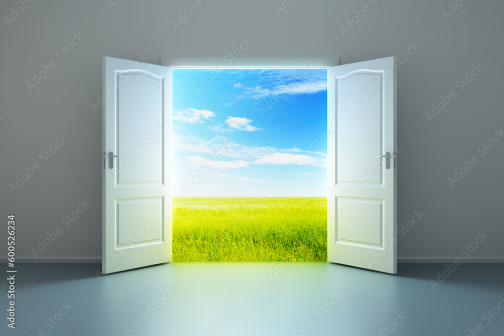 Poster 3d rendering the empty room with opened door