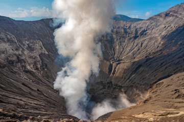 Dramatic view inside the crater and active caldera of Mount Bromo (Gunung Bromo) an active somma...