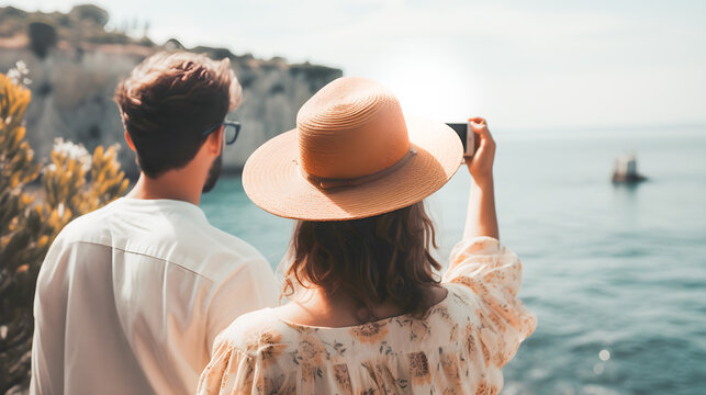 Man and woman couple with hat taking a selfie with cell phone on their summer vacation by the sea. Summer at the beach. Vacation as a couple. Generative ai