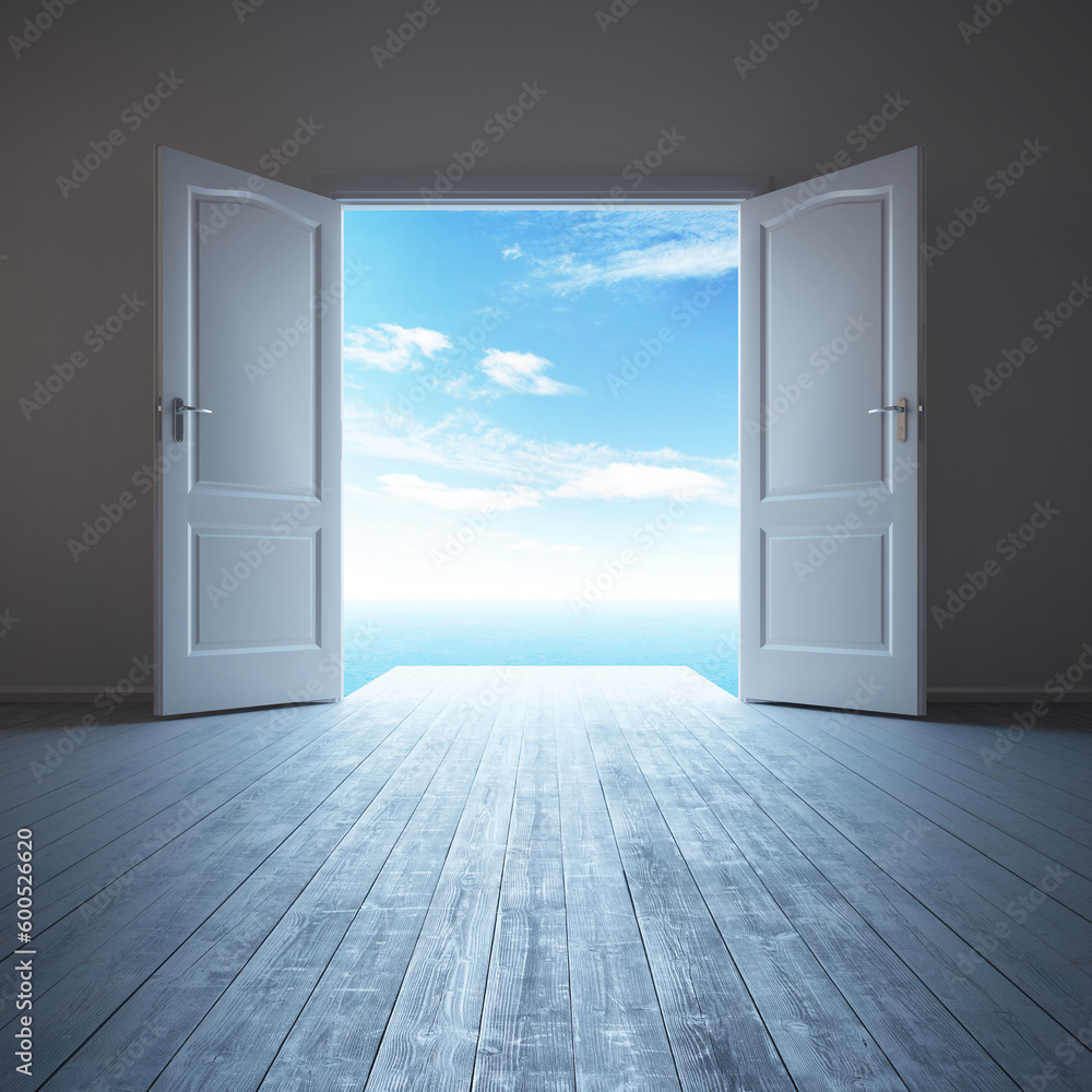 Poster 3d rendering the empty room with opened door