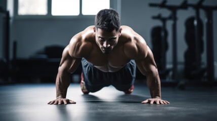 Fototapeta na wymiar A muscular man doing pushups in a gym ai, ai generative, illustration