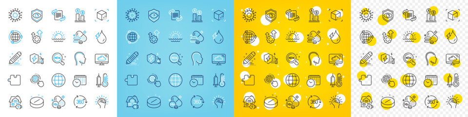 Vector icons set of Eye detect, Hydroelectricity and Coronavirus line icons pack for web with Seo gear, Overeating pills, Puzzle outline icon. Home charging, Head, Globe pictogram. Vector