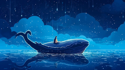 A human sits on a whale in the sea at night, generative AI.