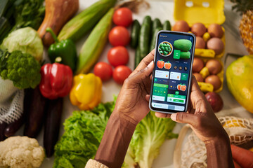 Woman using mobile application to get nutritional information about groceries, recipes and hacks
