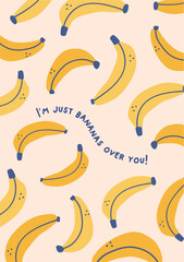 Banana pattern summer poster on a pink background. 