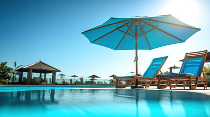 Umbrella and chair around outdoor swimming pool in resort hotel. Generative Ai - obrazy, fototapety, plakaty