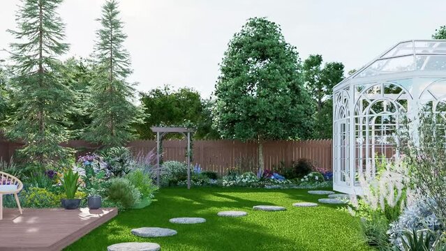 Animation of luxury colorful backyard garden with glasshouse 3d render there are green lawn, vareity color of flowers and nature stone walkway decorated with wooden chair , morning backlit sunlight