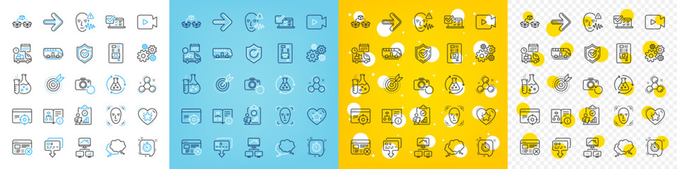 Vector icons set of Next, Chemistry experiment and Face detection line icons pack for web with Ranking star, Parcel shipping, Cogwheel outline icon. Seo targeting, Inspect, Confirmed pictogram. Vector