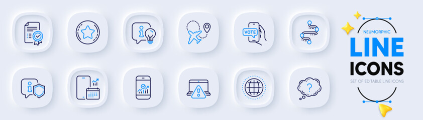 Loyalty star, Airplane and Certificate line icons for web app. Pack of Smartphone statistics, Globe, Lamp pictogram icons. Phone calendar, Online warning, Question mark signs. Shield. Vector