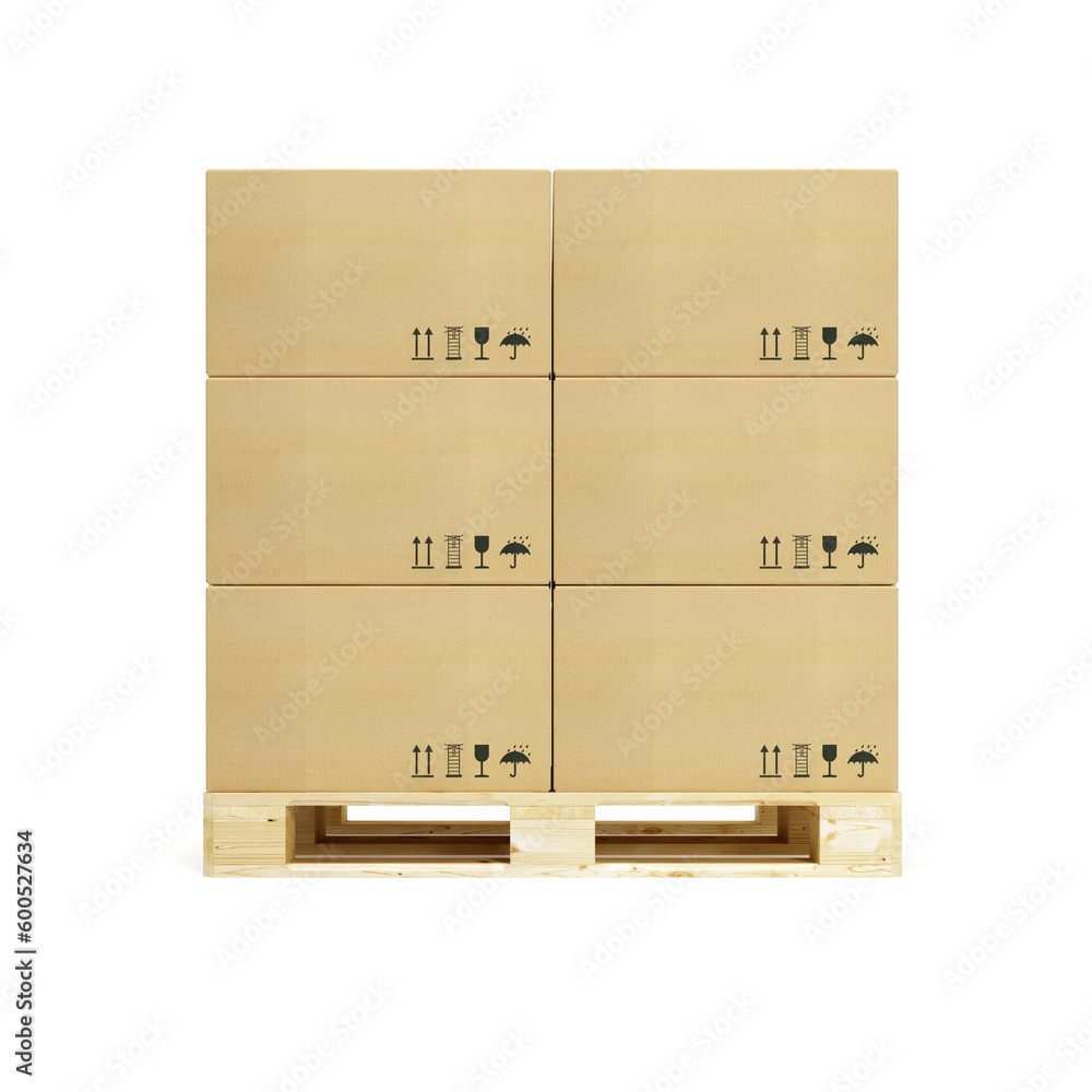 Poster pallet with cardboard boxes, 3d rendering
