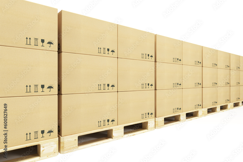 Poster pallets with cardboard boxes, 3d rendering