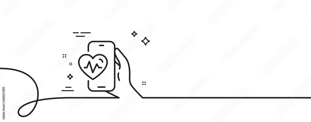 Poster cardio training app line icon. continuous one line with curl. fat burning application sign. gym fit 