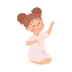 Little Girl Praying Sitting on the Floor with Bended Legs Vector Illustration