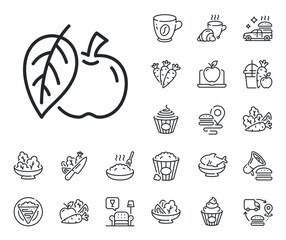 Fresh fruit sign. Crepe, sweet popcorn and salad outline icons. Apple line icon. Natural food symbol. Apple line sign. Pasta spaghetti, fresh juice icon. Supply chain. Vector
