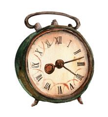Watercolor illustration of old rusty green clock. An old rusty enamel element. Hand drawn in watercolor on a white background. Perfect for wedding invitation, greetings card, posters, party decor.