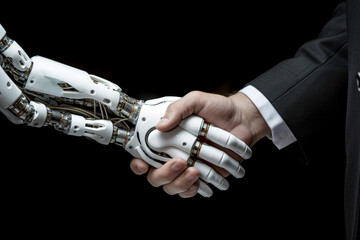 Modern android and human handshake. Artificial intelligence and human cooperation