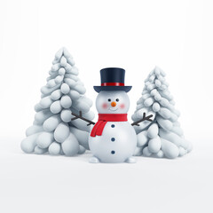 happy snowman with fir-tree, 3d rendering
