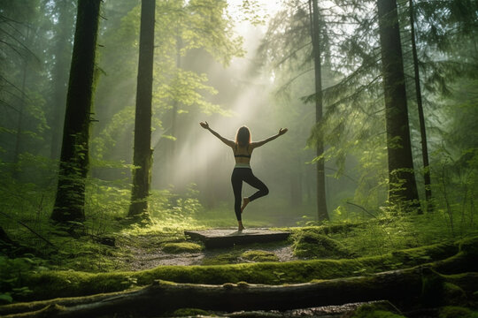 Yoga In A Morning Forest. Woman In A Tree Pose