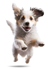jumping Australian Shepherd dog, isolated background. Generative Ai.