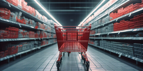 grocery shopping cart sits in the aisles of a supermarket