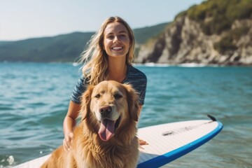 Young woman and her dog using supboard on the beach. Generative AI