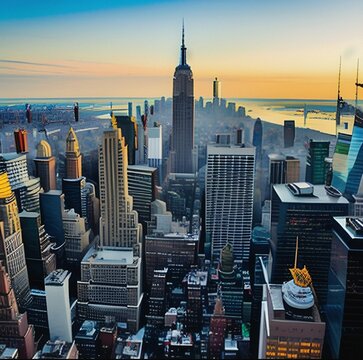 Das Bild zeigt die berühmte Skyline von New York City, die aus den imposanten Wolkenkratzern wie dem Empire State Building und dem Chrysler Building besteht