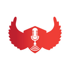 Wi-Fi Podcast microphone Icon with bird wings inside of shield shape vector Design. 