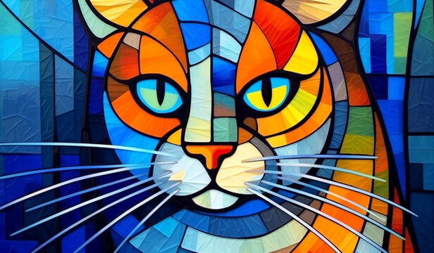 Stained-glass window with the image of cat, multi-colored bright background. AI generated
