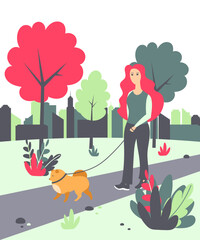 Woman walking with a dog in the park. Vector illustration with a woman with a pomeranian in the park.