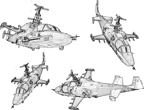 Vector illustration of a cartoon sketch of a combat helicopter with missiles