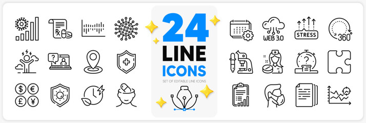 Icons set of Medical shield, Faq and Location line icons pack for app with Nurse, Charging time, Depression treatment thin outline icon. 360 degrees, Seo analysis, Sun protection pictogram. Vector