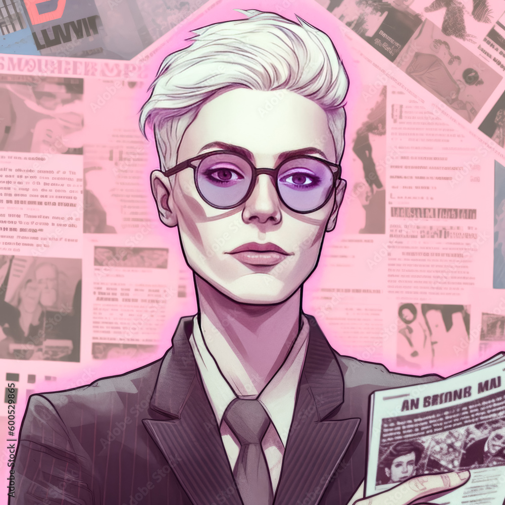 Poster a non-binary person and blockchain news were combined to create an image- generative ai.