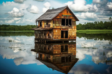 Outsider art wooden house reflecting in a pond - generative AI