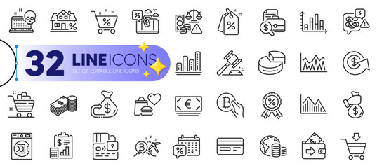 Outline set of Cashback, Discount medal and Online market line icons for web with Bitcoin mining, Card, Loan percent thin icon. Diagram graph, Investment graph, Launder money pictogram icon. Vector