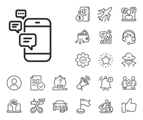 Smartphone chat symbol. Salaryman, gender equality and alert bell outline icons. Communication line icon. Business messages sign. Communication line sign. Spy or profile placeholder icon. Vector