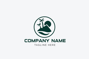 A beach logo with a palm tree and the word palm trees