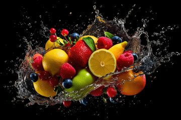Fototapeta na wymiar bunte Früchte wirbeln durch Wasserspritzer hoch, dekorativ und köstlich