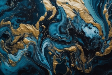 Abstract blue and golden color marble texture background with copy space. Luxury style. Generative AI