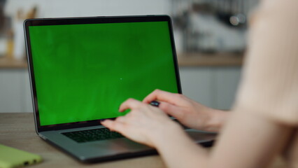 Fototapeta na wymiar Girl working mockup computer at home close up. Hands typing on laptop keyboard.