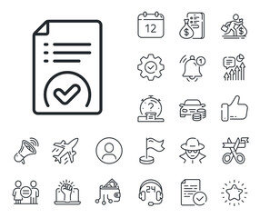 Accepted file sign. Salaryman, gender equality and alert bell outline icons. Approved document line icon. Verification symbol. Approved document line sign. Spy or profile placeholder icon. Vector
