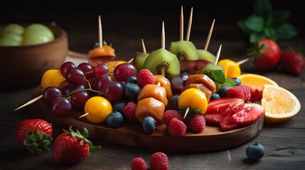 Fresh summer fruits on sticks Generative AI