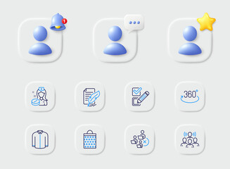 Checkbox, Team work and Feather signature line icons. Placeholder with 3d star, reminder bell, chat. Pack of Remove team, Shirt, Shopping bag icon. Full rotation, Nurse pictogram. Vector