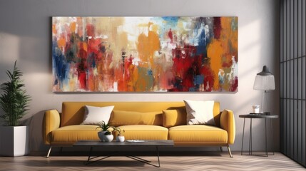 Bold and colorful abstract artwork hanging on the wall. AI generated