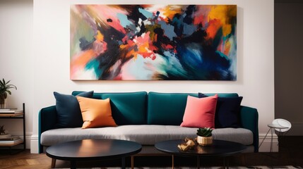 Bold and colorful abstract artwork hanging on the wall. AI generated