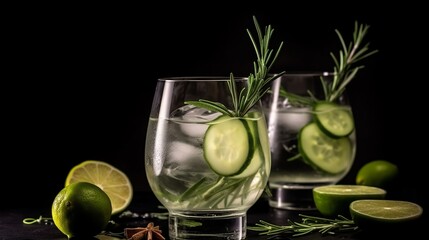 Cocktail gin tonic with ice, rosemary, lime, and cucumber Generative AI