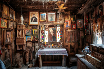 Fototapeta na wymiar Richly Decorated Interior of an Outsider Artist's Small Wooden House - generative AI