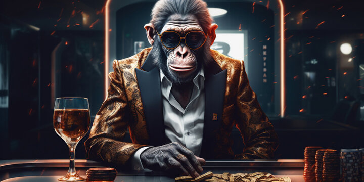 Stylish monkey in a luxurious suit at the gaming table in the casino. Concept of gambling and rich life. ai generated